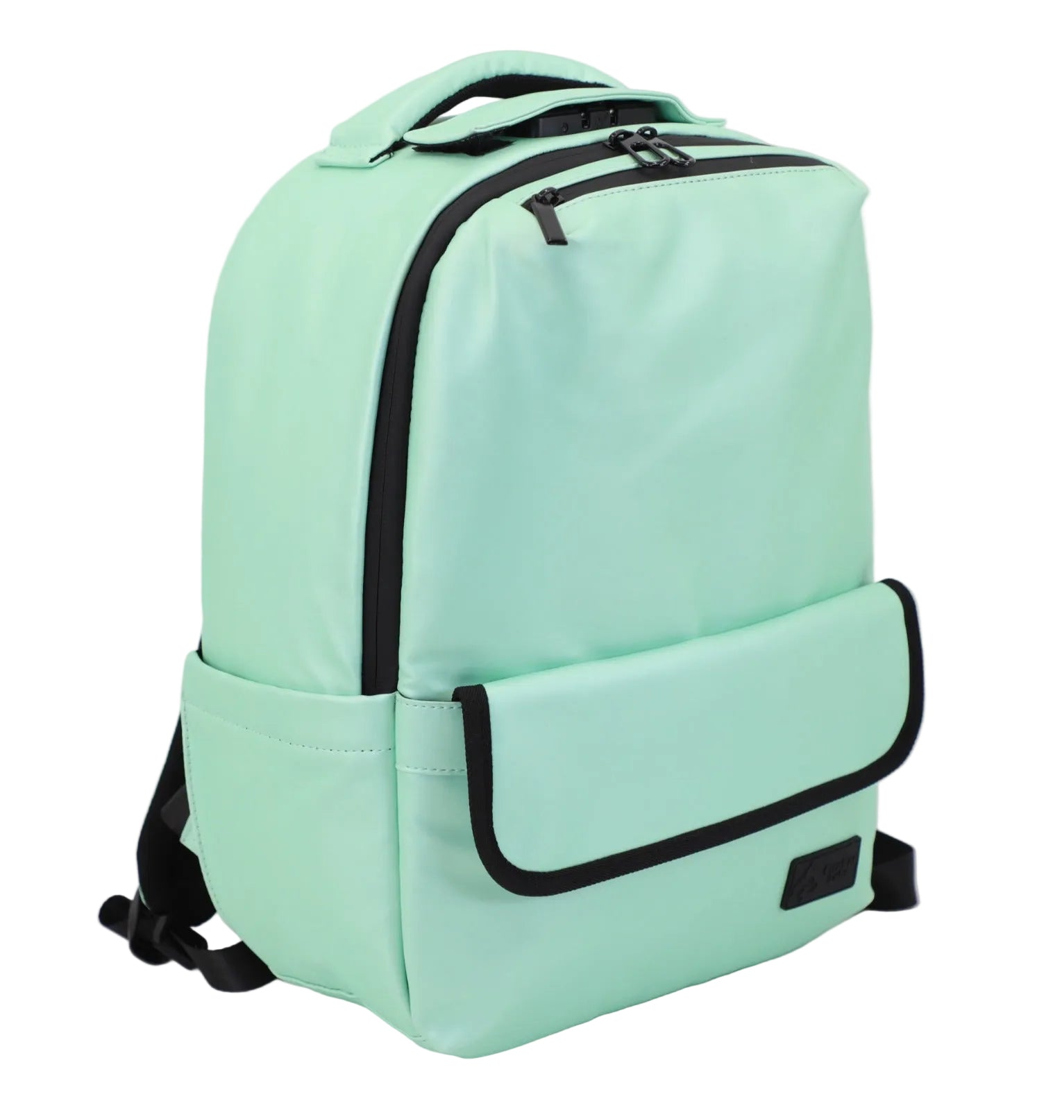 Mint green backpack with black zippers on a light gray background