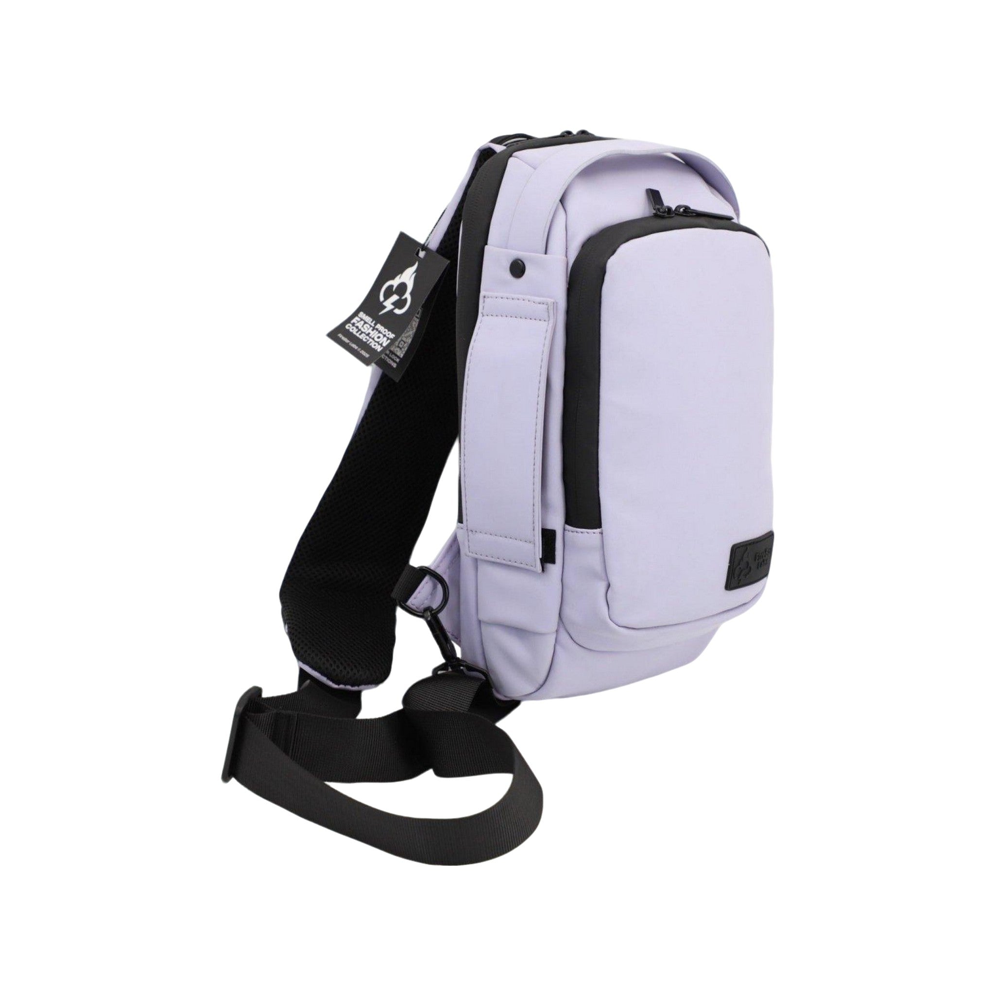 Light purple sling bag with black accents on a white background