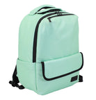 Mint green backpack with black zippers on a light gray background