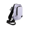 Light purple sling bag with black accents on a white background